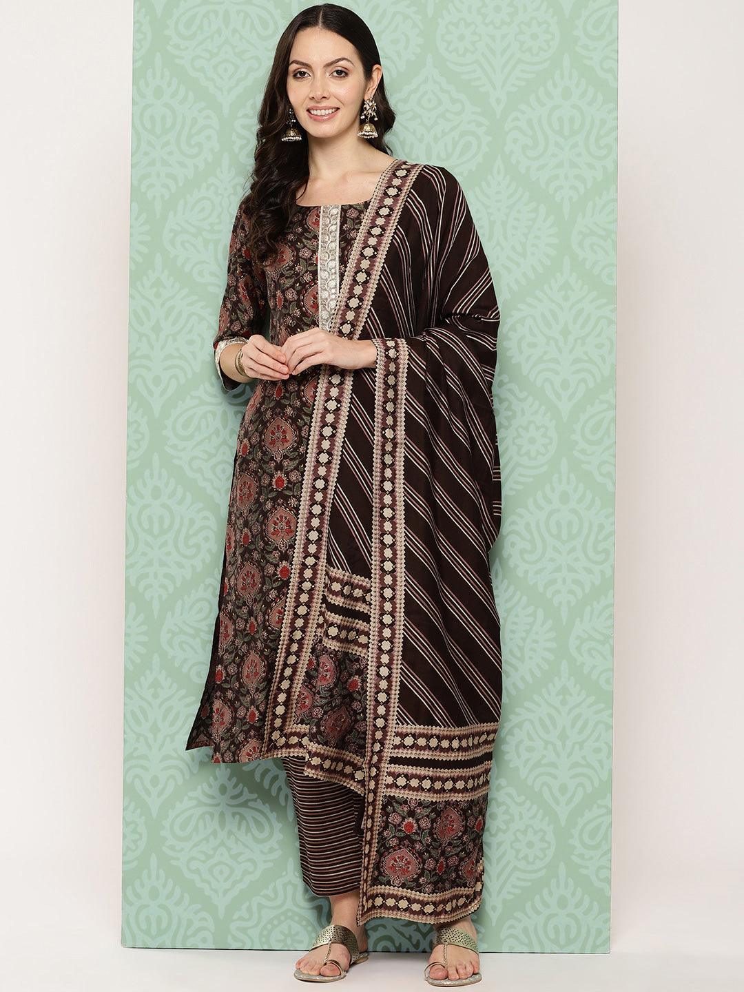 Brown Printed Silk Blend Straight Kurta With Trousers & Dupatta - Libas 