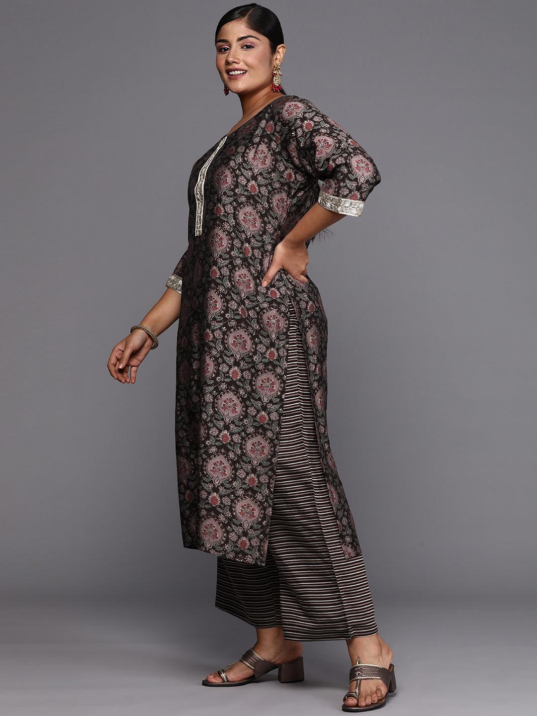 Plus Size Brown Printed Silk Blend Straight Suit With Dupatta
