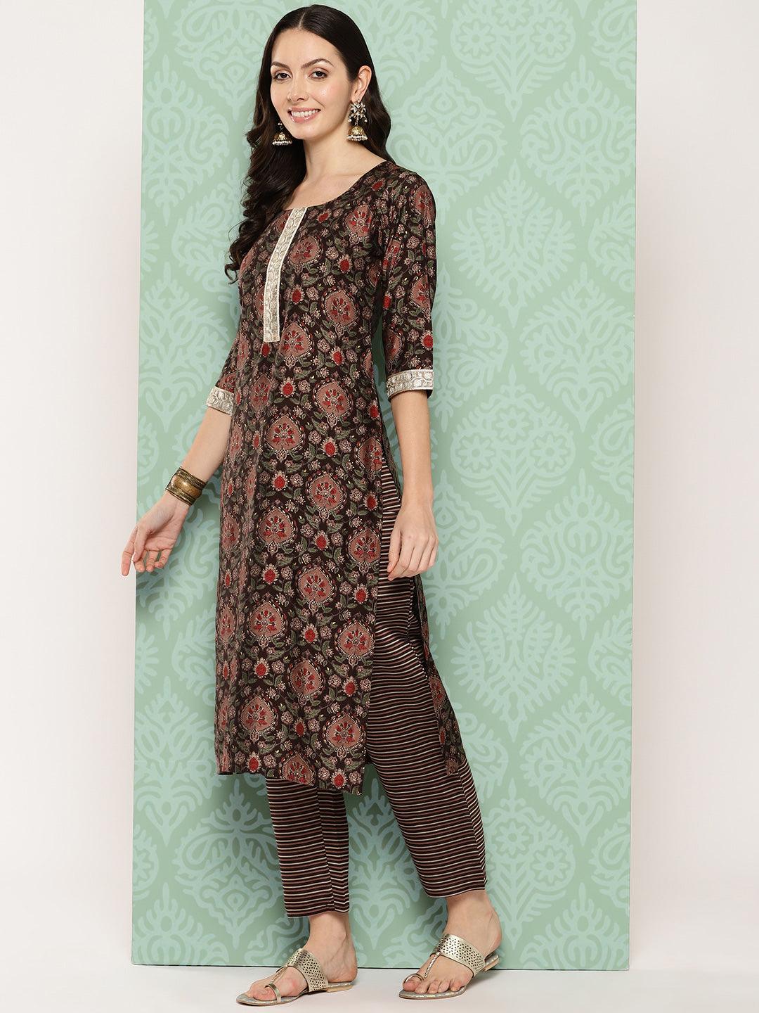 Brown Printed Silk Blend Straight Kurta With Trousers & Dupatta - Libas