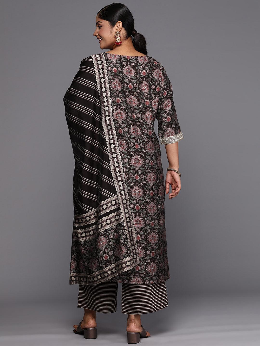 Plus Size Brown Printed Silk Blend Straight Suit With Dupatta