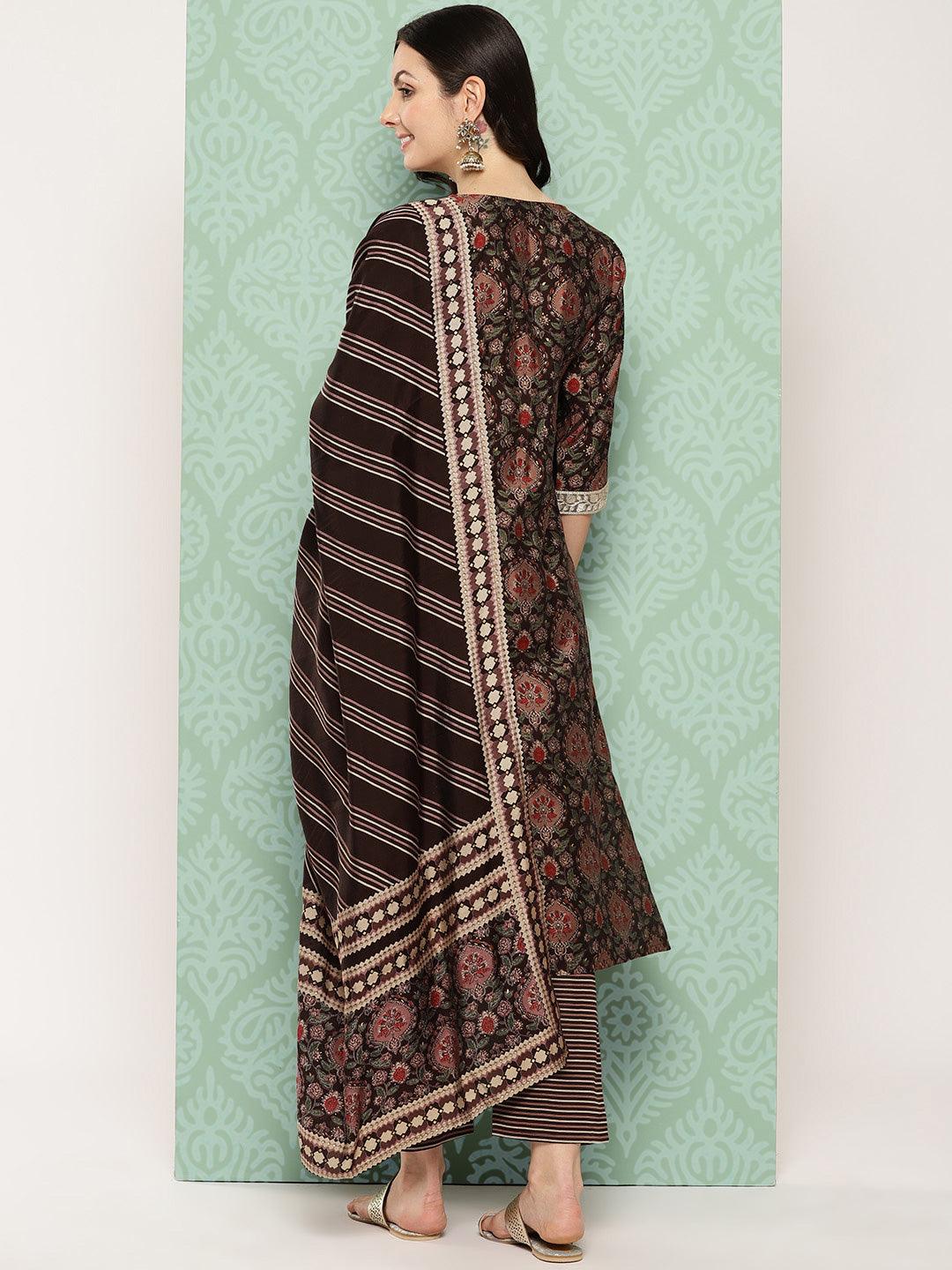 Brown Printed Silk Blend Straight Kurta With Trousers & Dupatta - Libas 