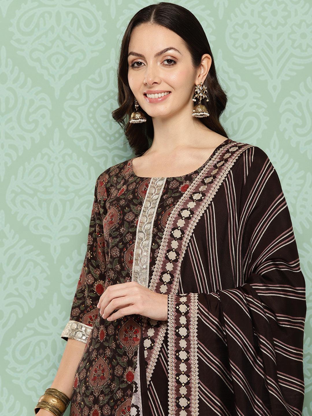 Brown Printed Silk Blend Straight Kurta With Trousers & Dupatta - Libas 