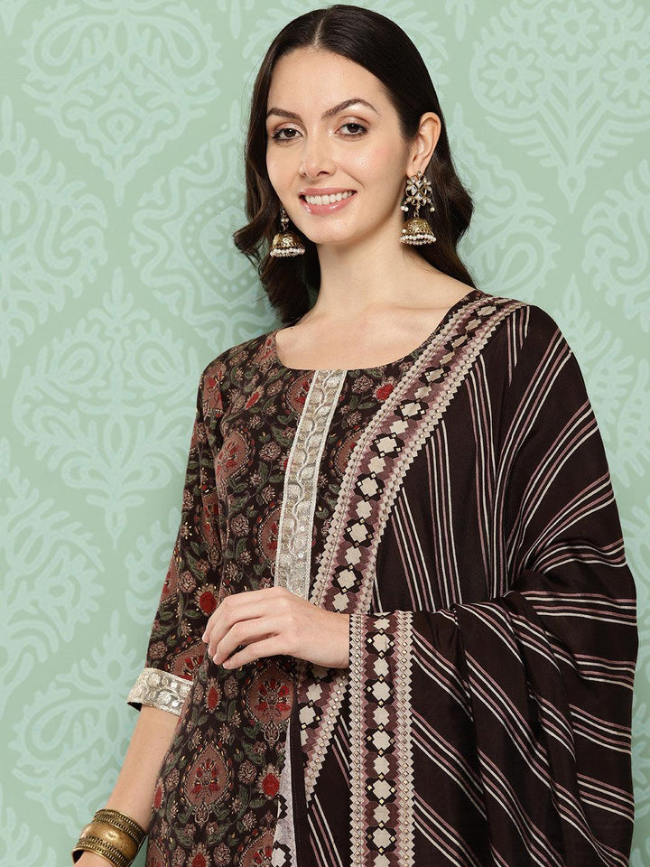 Brown Printed Silk Blend Straight Kurta With Trousers & Dupatta - Libas