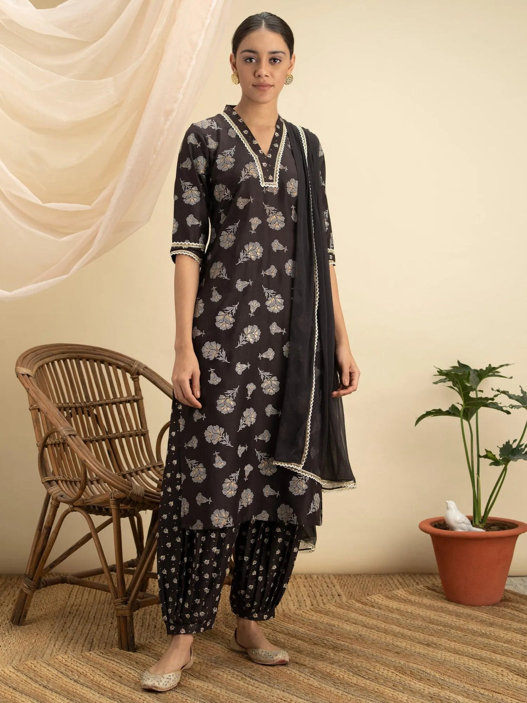 Brown Printed Silk Suit Set - Libas 