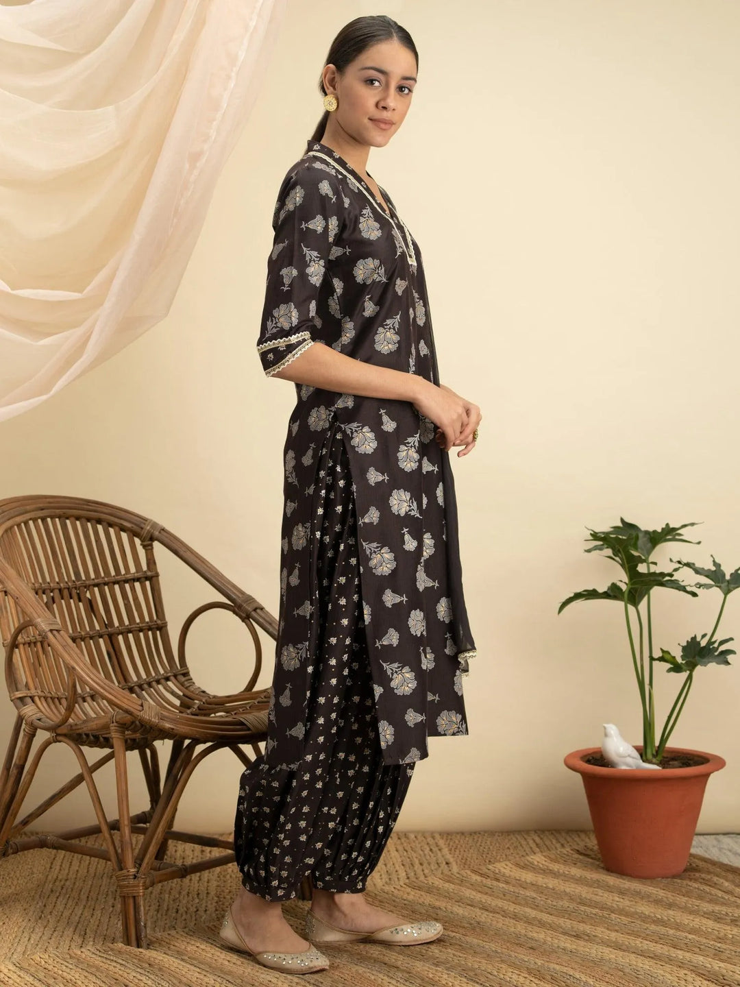 Brown Printed Silk Suit Set - Libas 