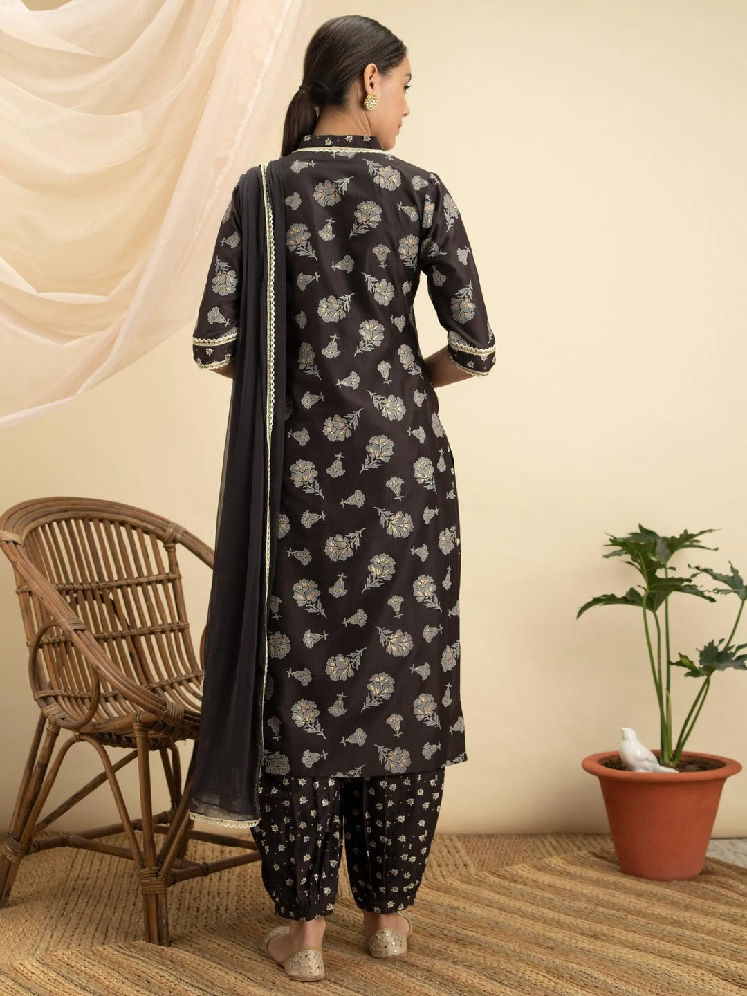 Brown Printed Silk Suit Set - Libas 