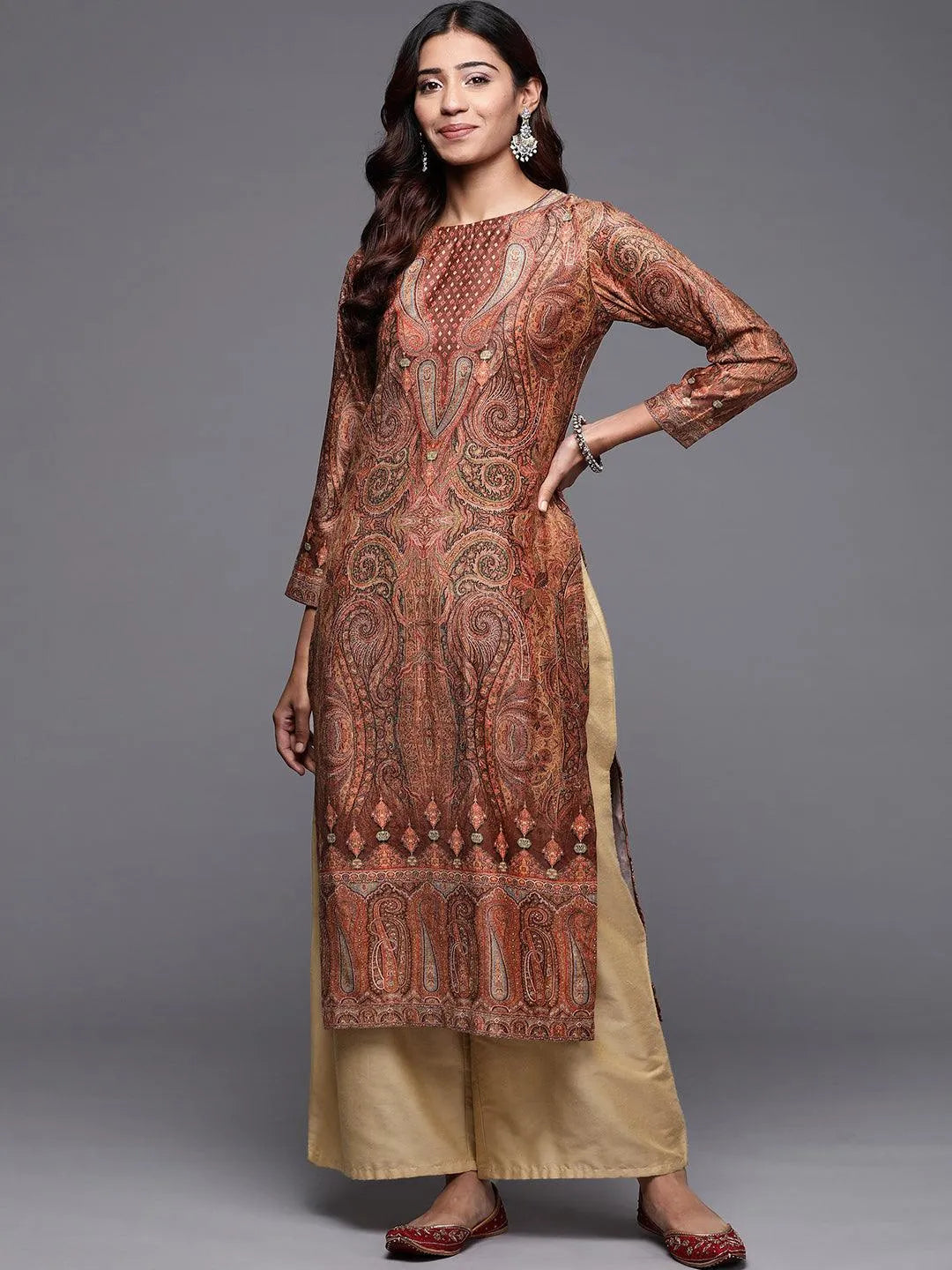 Brown Printed Velvet Straight Kurta - Libas