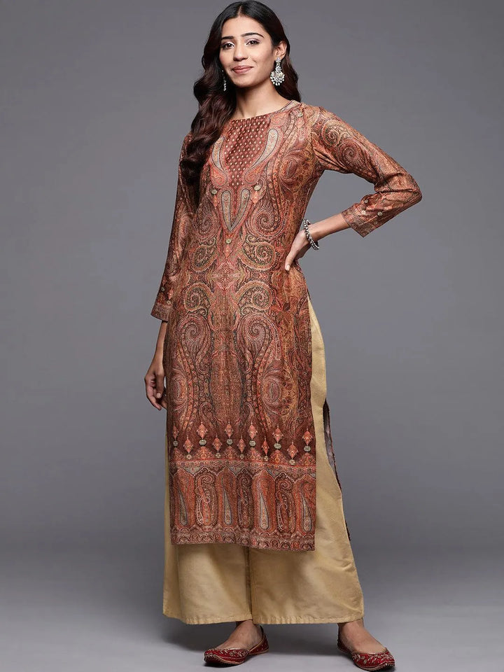 Brown Printed Velvet Straight Kurta - Libas