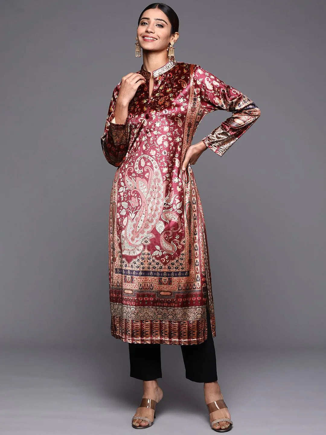 Brown Printed Velvet Straight Kurta - Libas