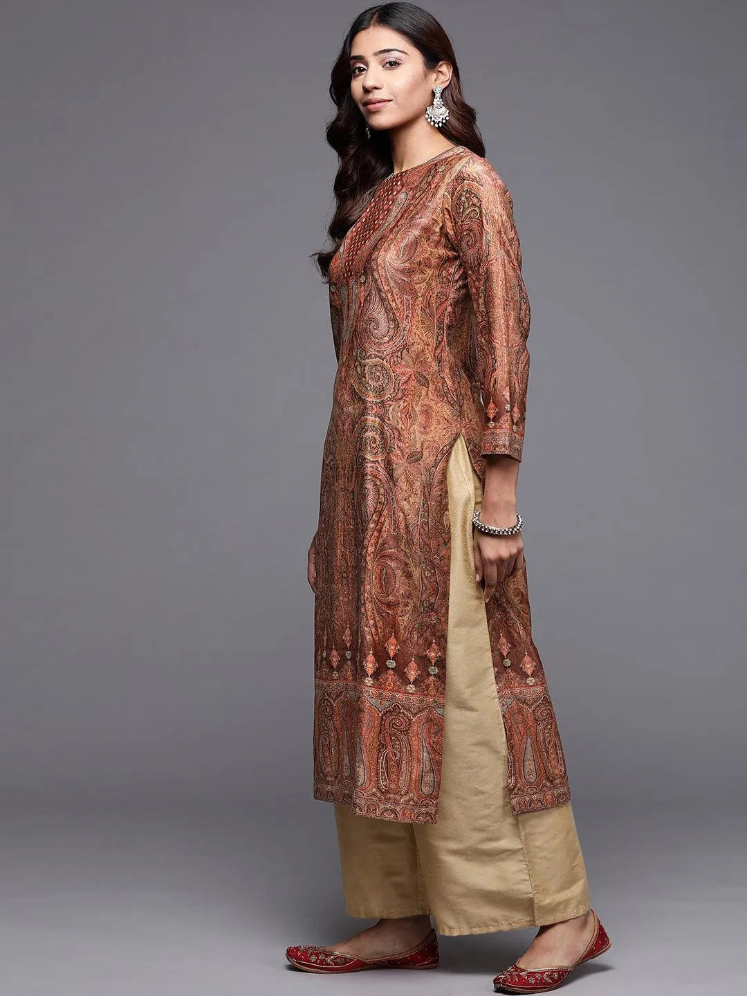 Brown Printed Velvet Straight Kurta - Libas