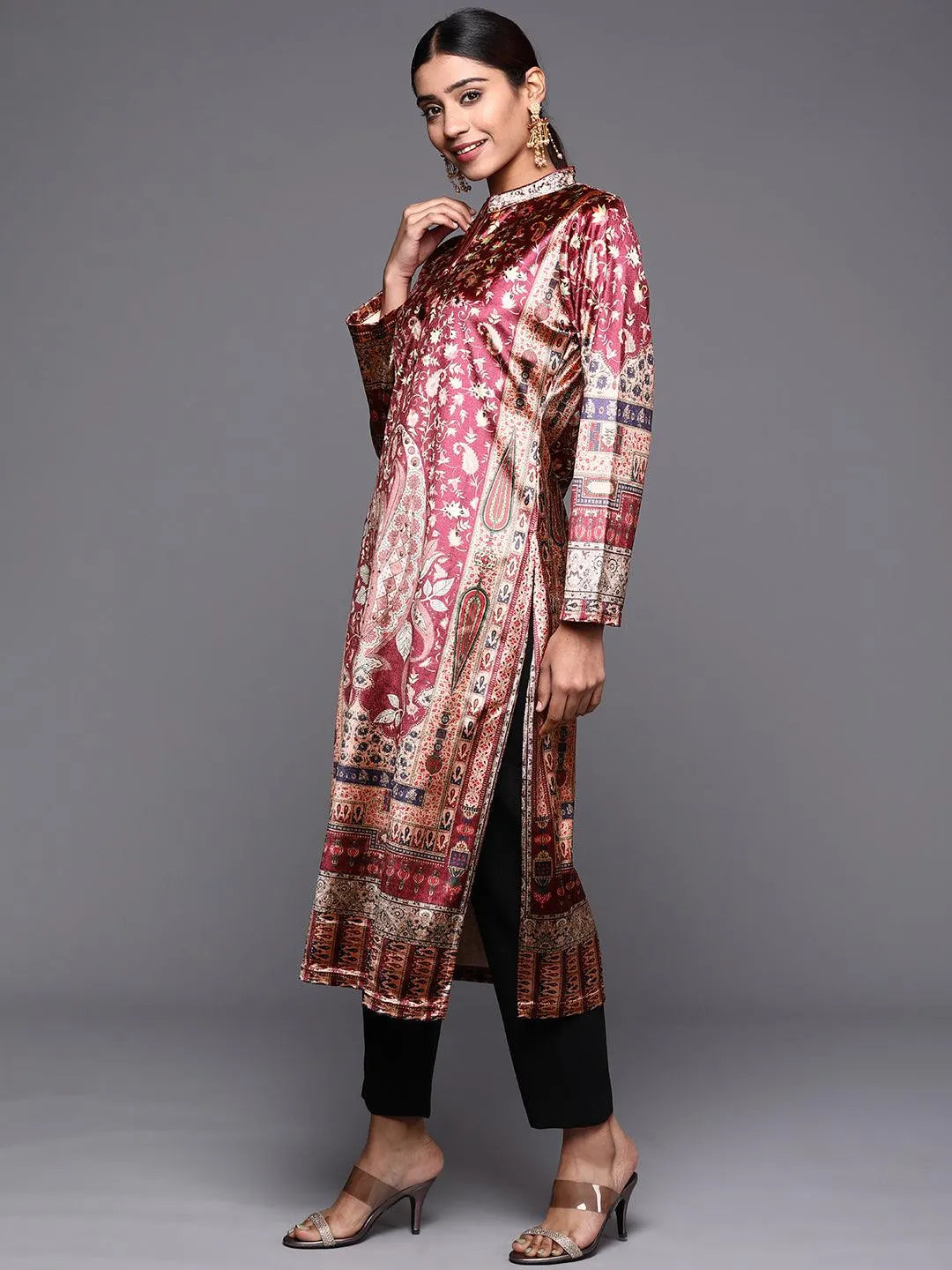 Brown Printed Velvet Straight Kurta - Libas