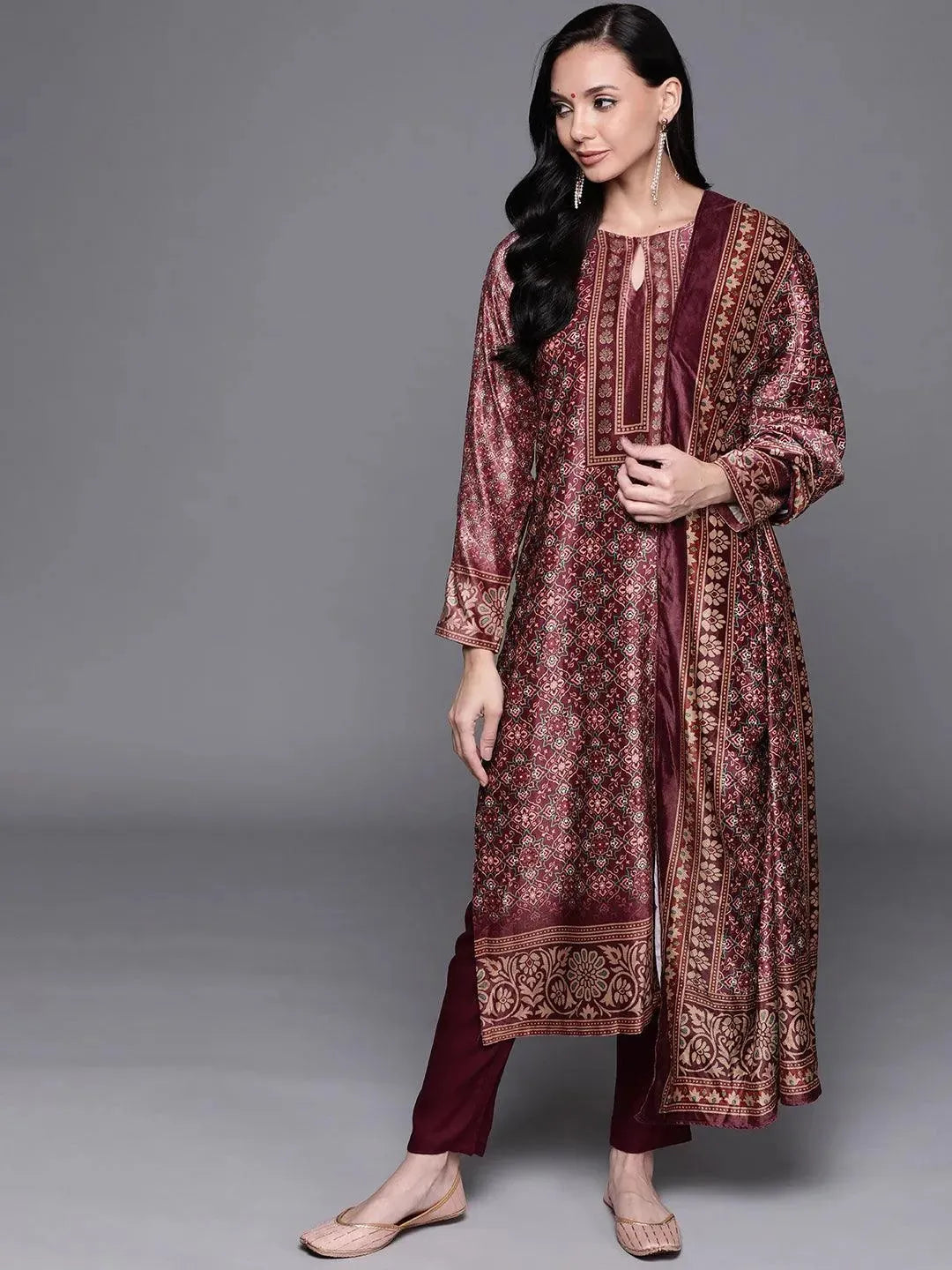 Brown Printed Velvet Suit Set - Libas 