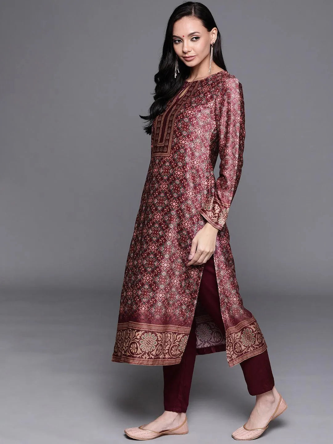 Brown Printed Velvet Suit Set - Libas