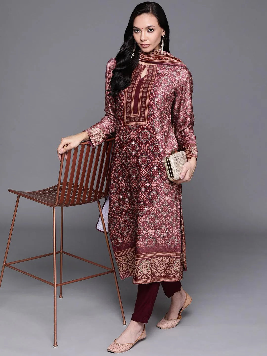 Brown Printed Velvet Suit Set - Libas 