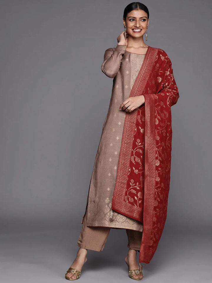 Brown Self Design Pashmina Wool Straight Suit Set - Libas