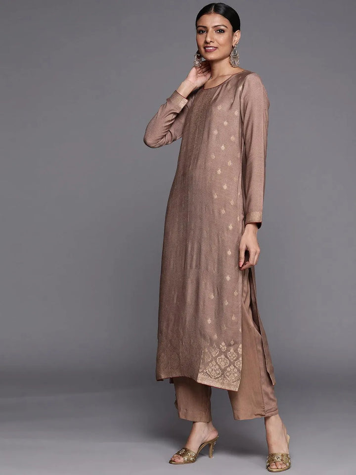 Brown Self Design Pashmina Wool Straight Suit Set - Libas