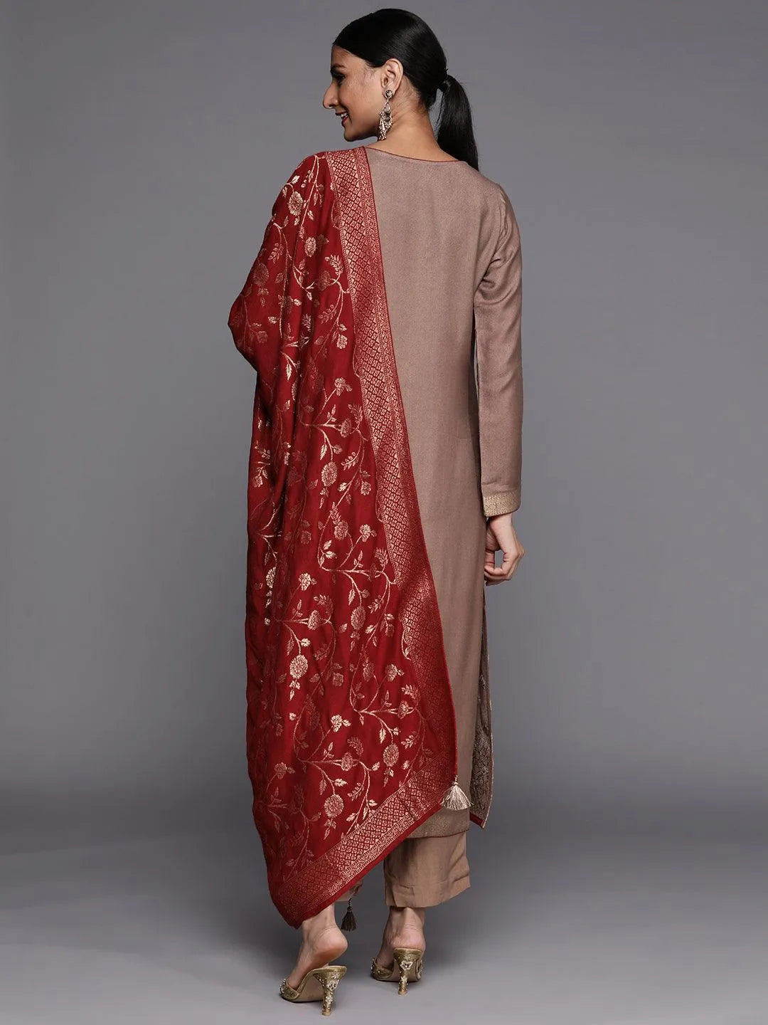 Brown Self Design Pashmina Wool Straight Suit Set - Libas