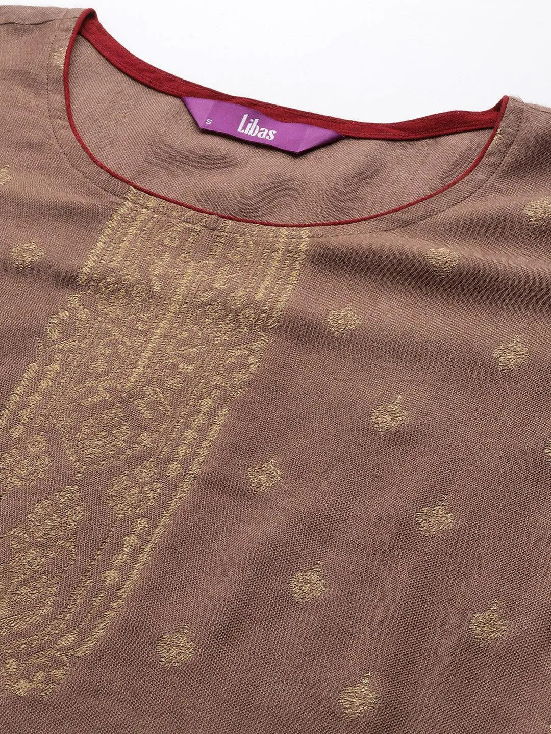 Brown Self Design Pashmina Wool Straight Suit Set - Libas