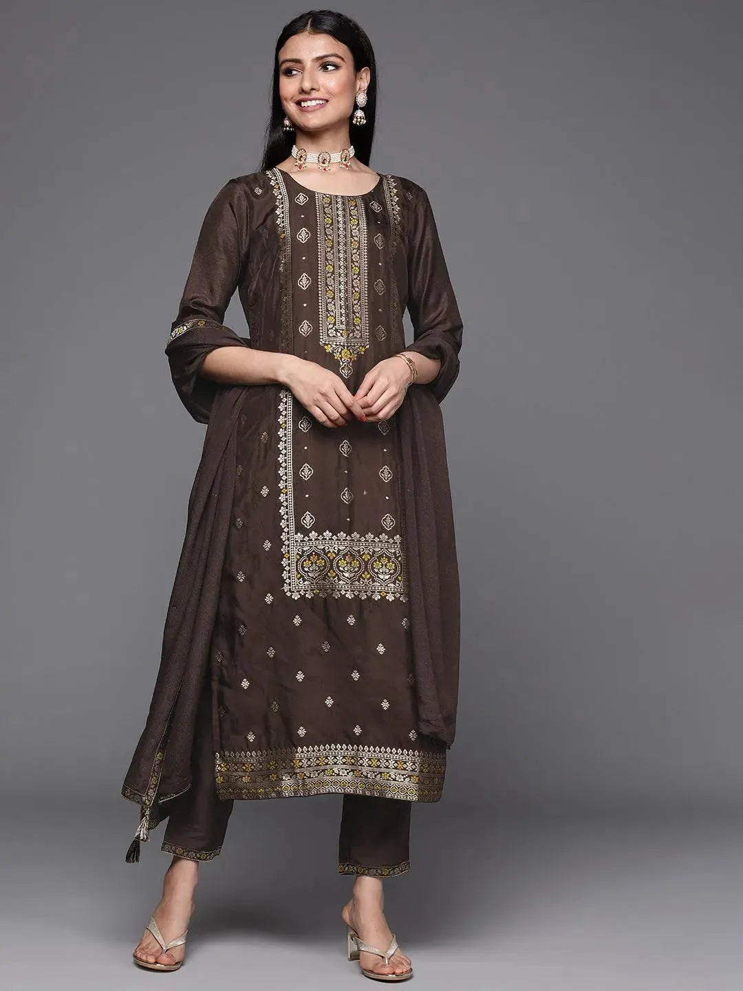 

Brown Self Design Silk Straight Kurta With Dupatta