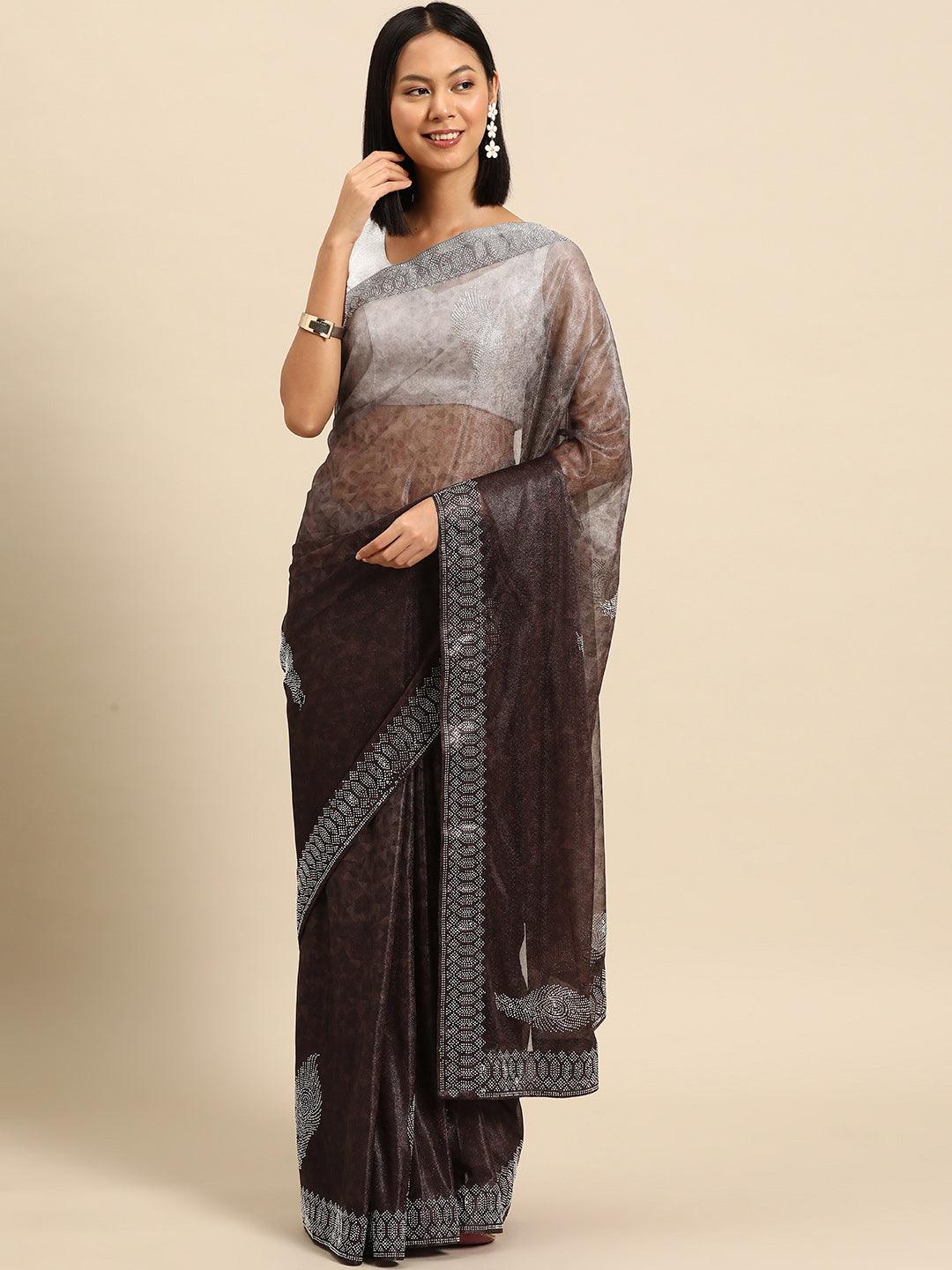 Brown Solid Lycra Saree - Libas