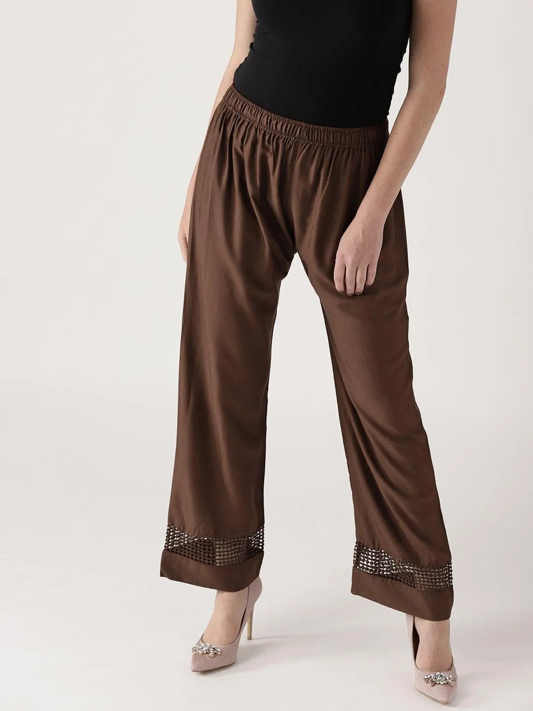 Brown Solid Rayon Palazzos - Libas 