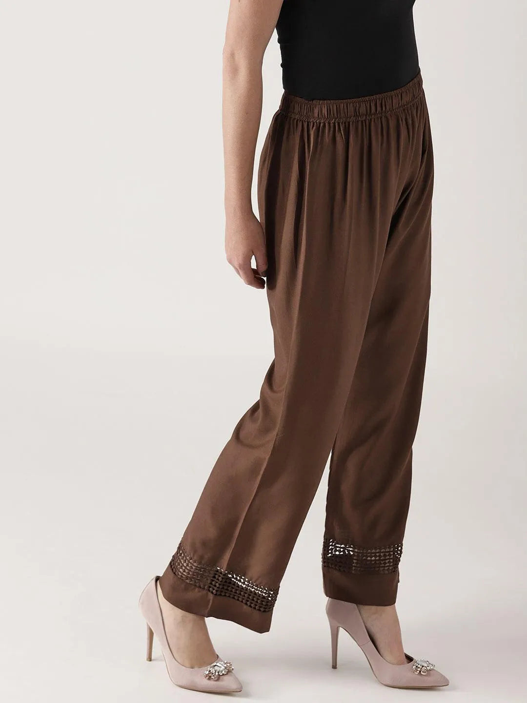 Brown Solid Rayon Palazzos - Libas