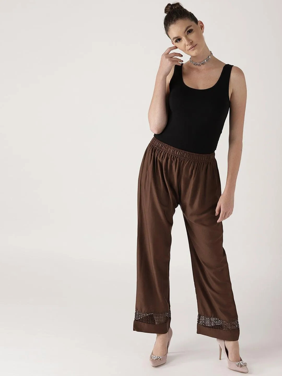 Brown Solid Rayon Palazzos - Libas 