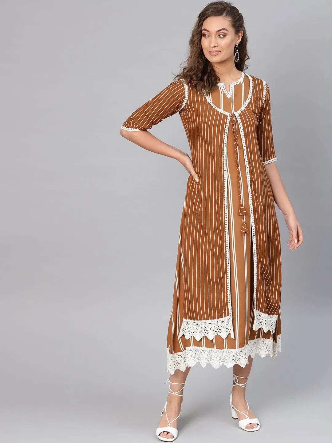 Brown Striped Rayon Dress With Jacket - Libas 