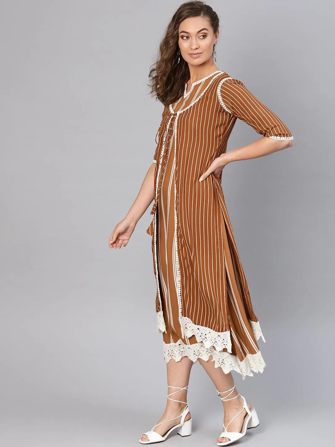 Brown Striped Rayon Dress With Jacket - Libas 