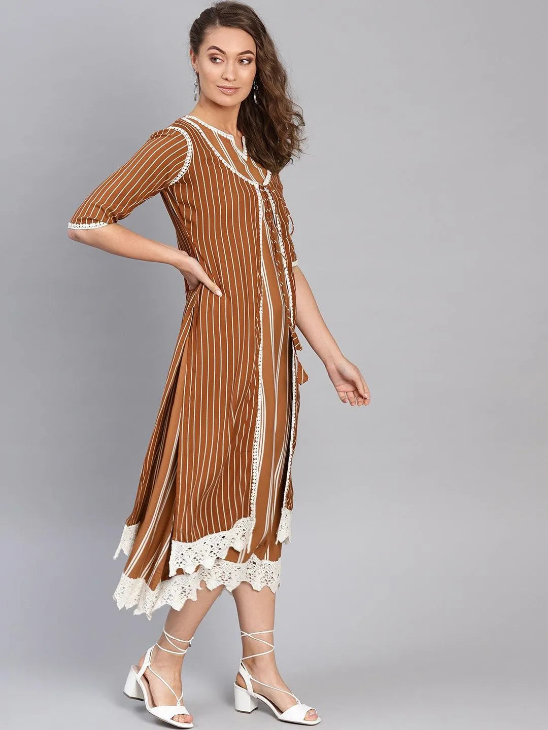 Brown Striped Rayon Dress With Jacket - Libas 