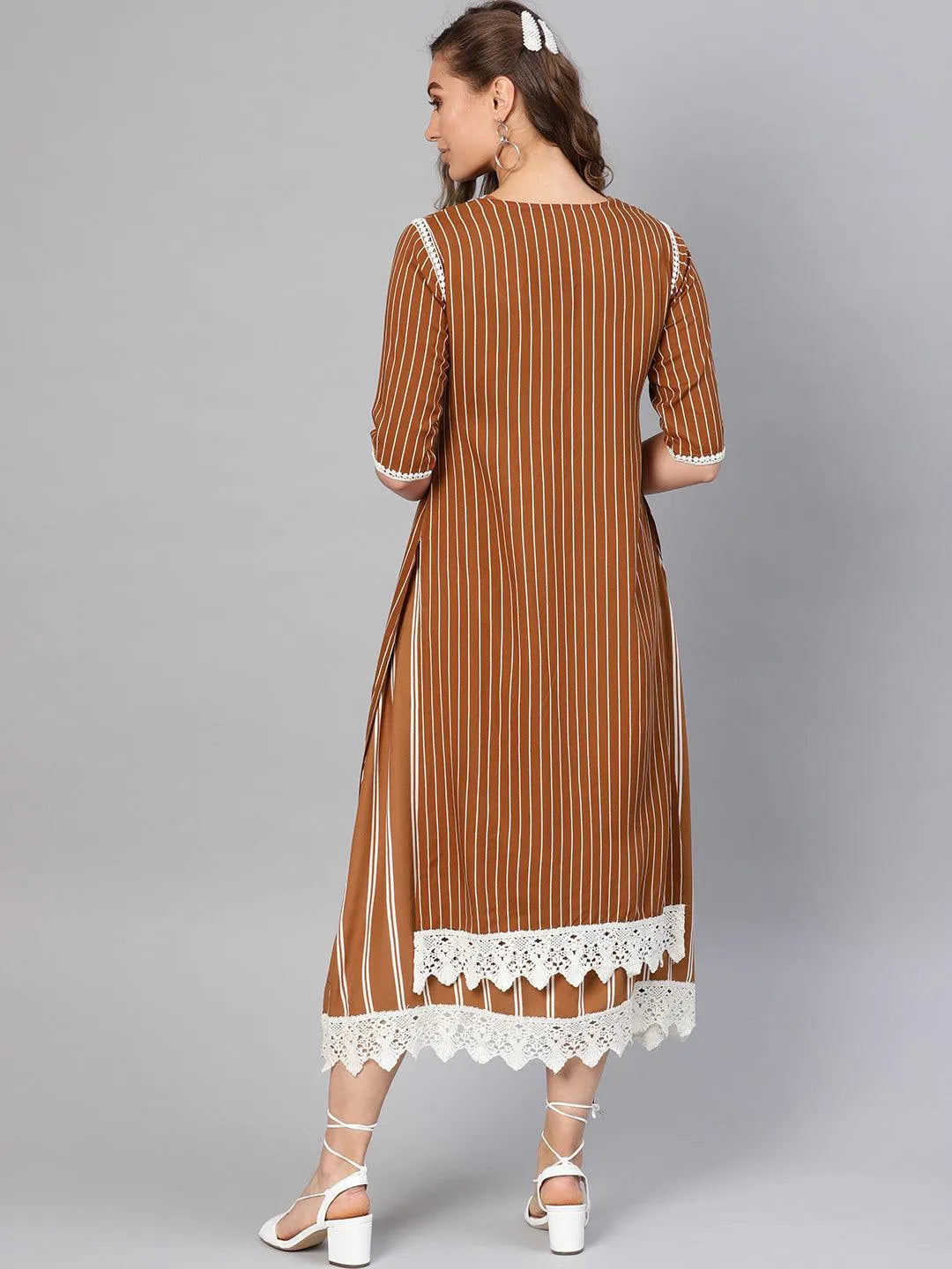 Brown Striped Rayon Dress With Jacket - Libas 