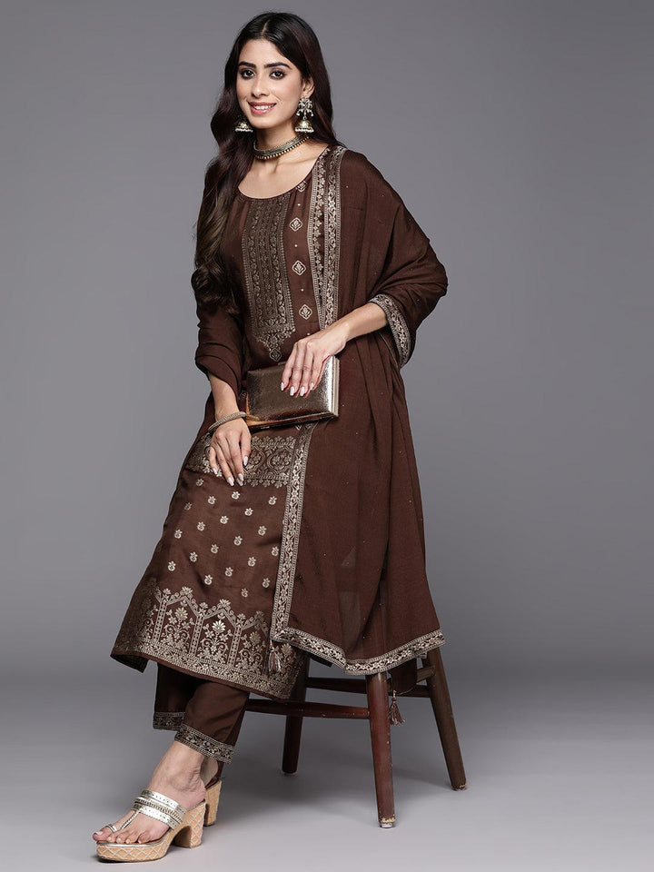 Brown Woven Design Silk Blend Straight Kurta With Trousers & Dupatta - Libas