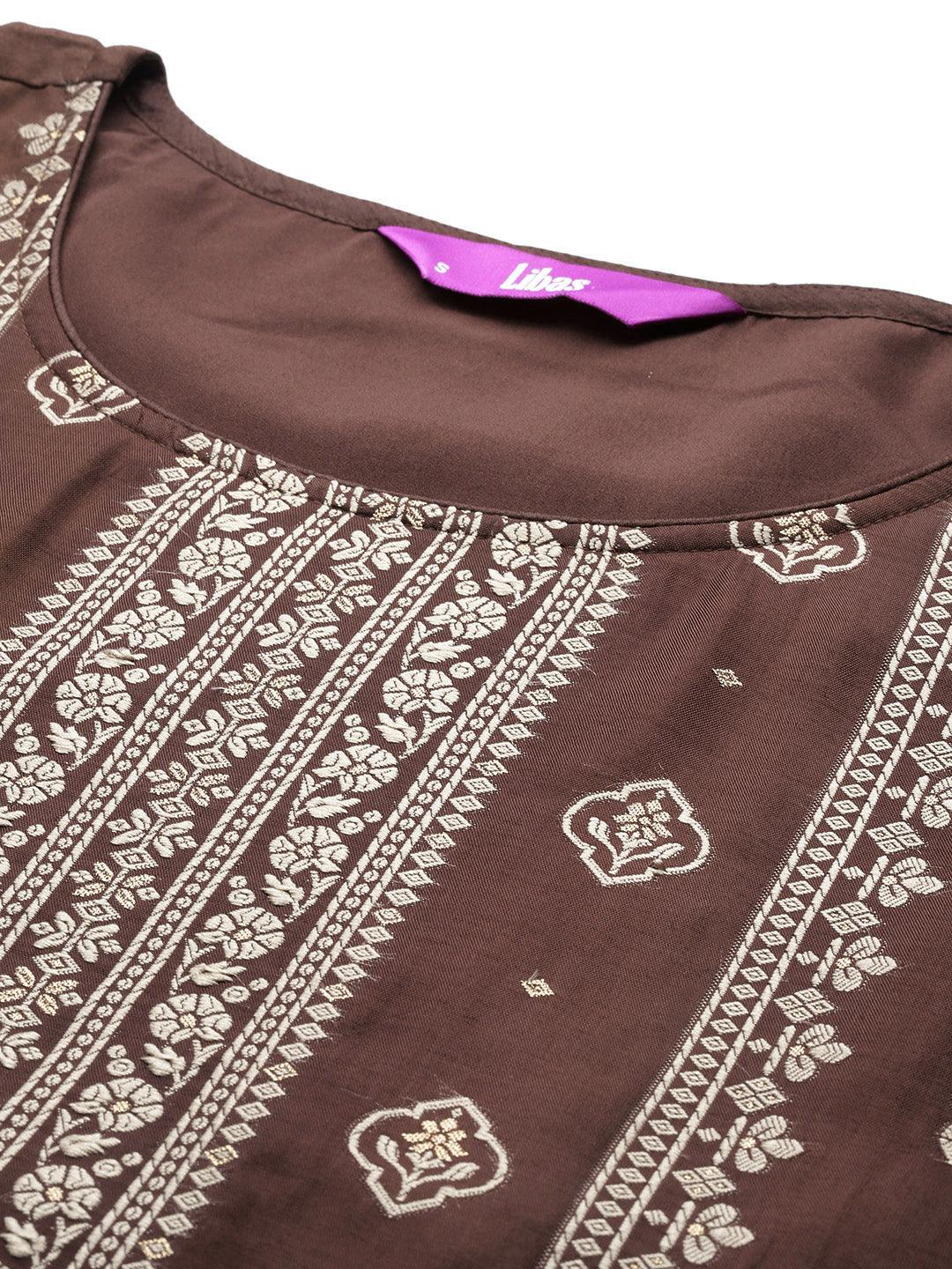 Brown Woven Design Silk Blend Straight Kurta With Trousers & Dupatta - Libas