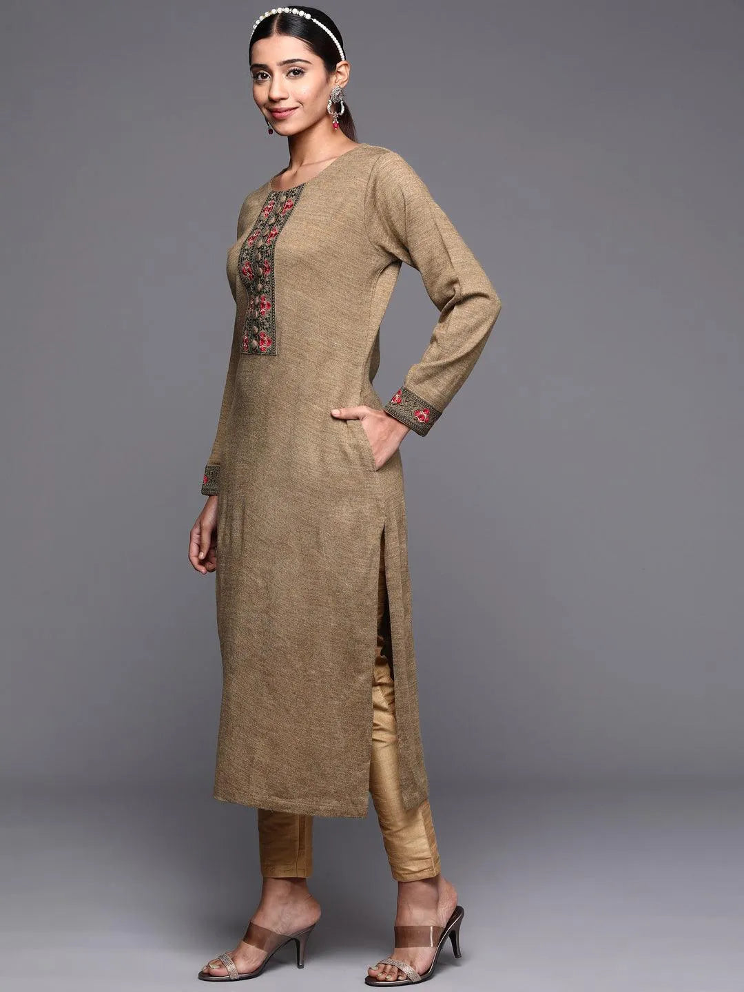 Brown Yoke Design Wool Straight Kurta - Libas