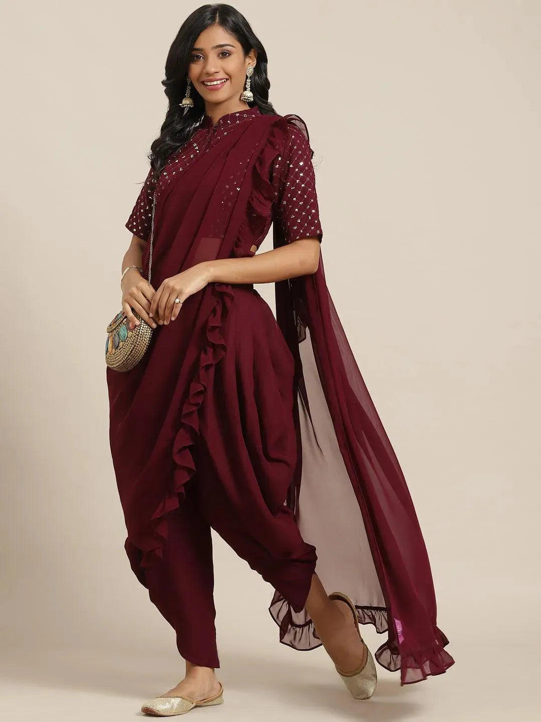 

Buy Burgundy Embellished Georgette Dhoti Saree - 20237O- | Libas Ethnic Wear Online