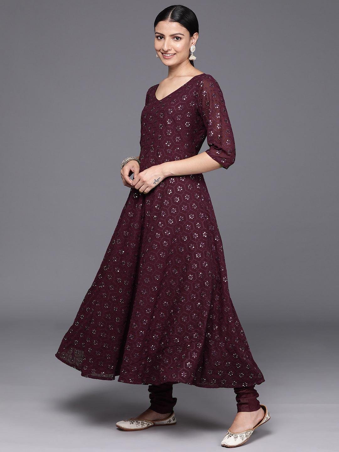 Burgundy Embroidered Georgette Anarkali Kurta With Churidar & Dupatta - Libas