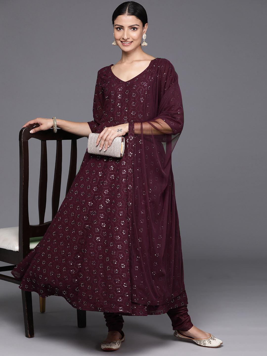 Burgundy Embroidered Georgette Anarkali Kurta With Churidar & Dupatta - Libas