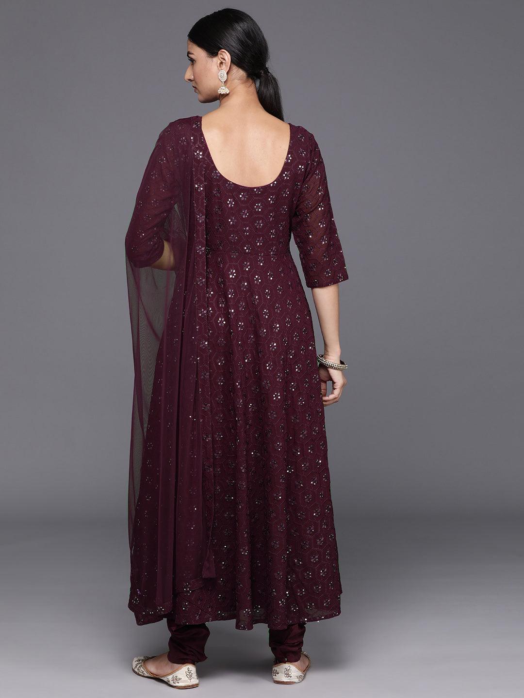 Burgundy Embroidered Georgette Anarkali Kurta With Churidar & Dupatta - Libas