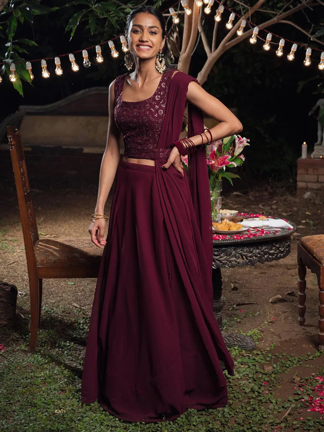 Burgundy Embroidered Georgette Lehenga Set - Libas 