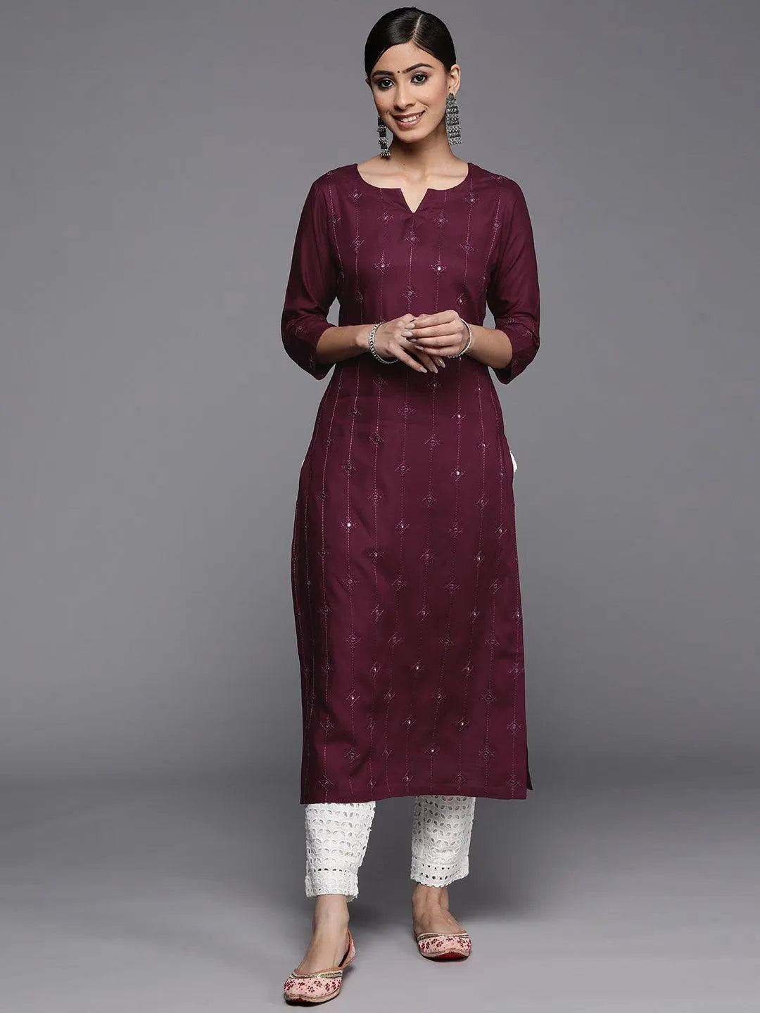 Burgundy Embroidered Rayon Kurta - Libas