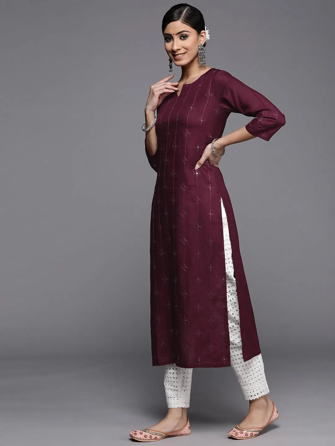 Burgundy Embroidered Rayon Kurta - Libas