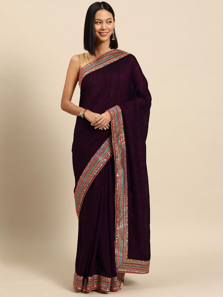 Burgundy Embroidered Silk Blend Saree - Libas