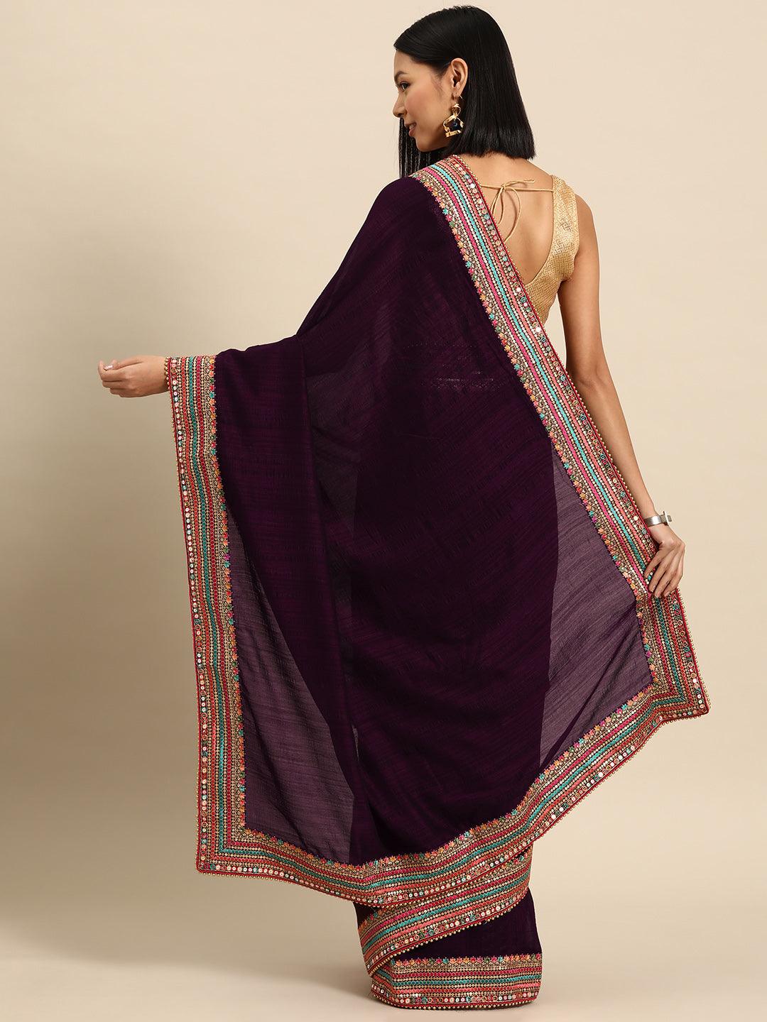 Burgundy Embroidered Silk Blend Saree - Libas 