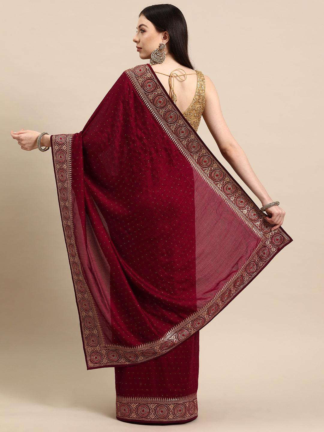 Burgundy Embroidered Silk Blend Saree - Libas 