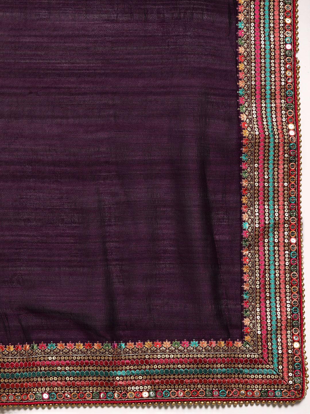 Burgundy Embroidered Silk Blend Saree - Libas