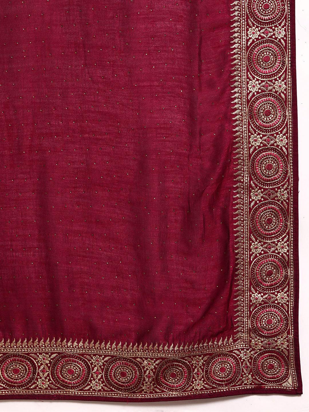 Burgundy Embroidered Silk Blend Saree - Libas 