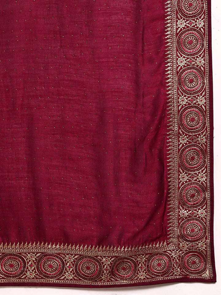 Burgundy Embroidered Silk Blend Saree - Libas