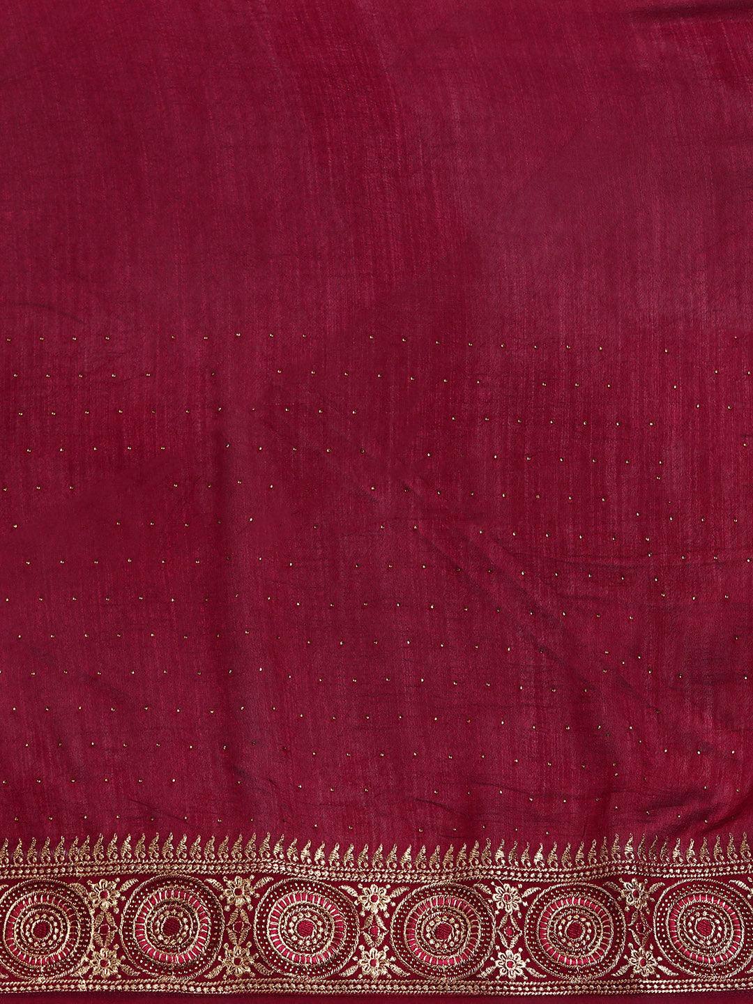 Burgundy Embroidered Silk Blend Saree - Libas 