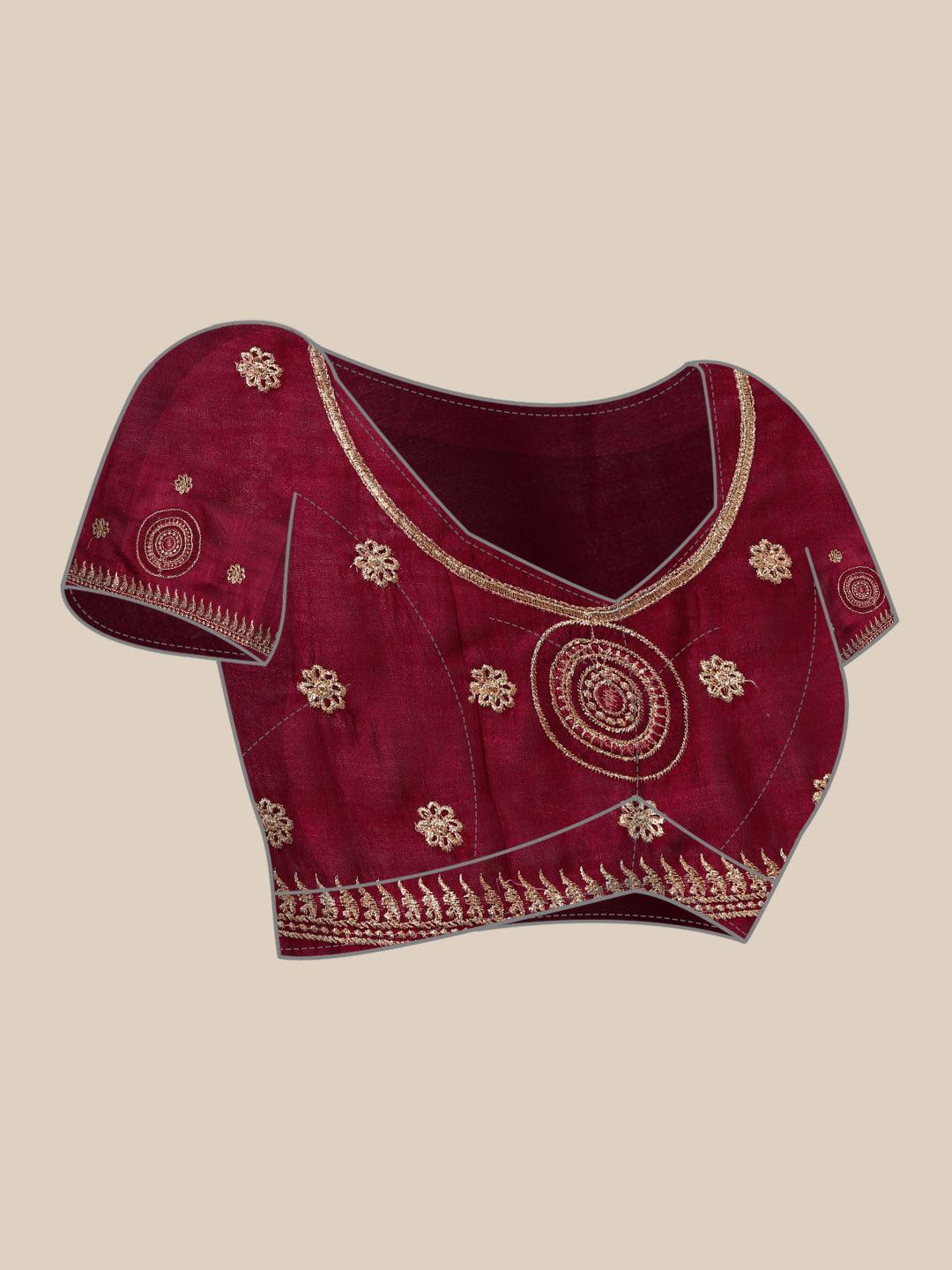 Burgundy Embroidered Silk Blend Saree - Libas 