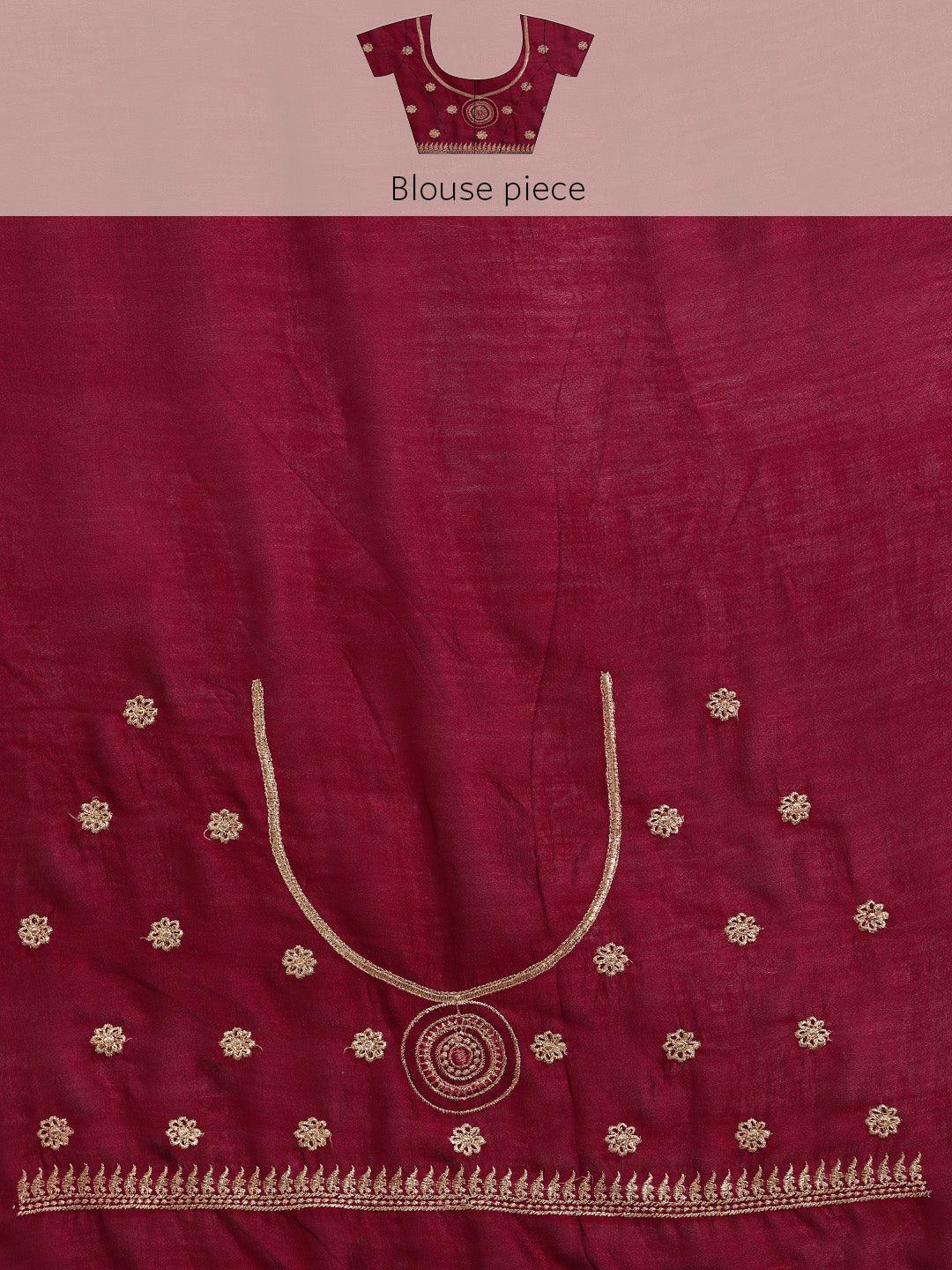 Burgundy Embroidered Silk Blend Saree - Libas 